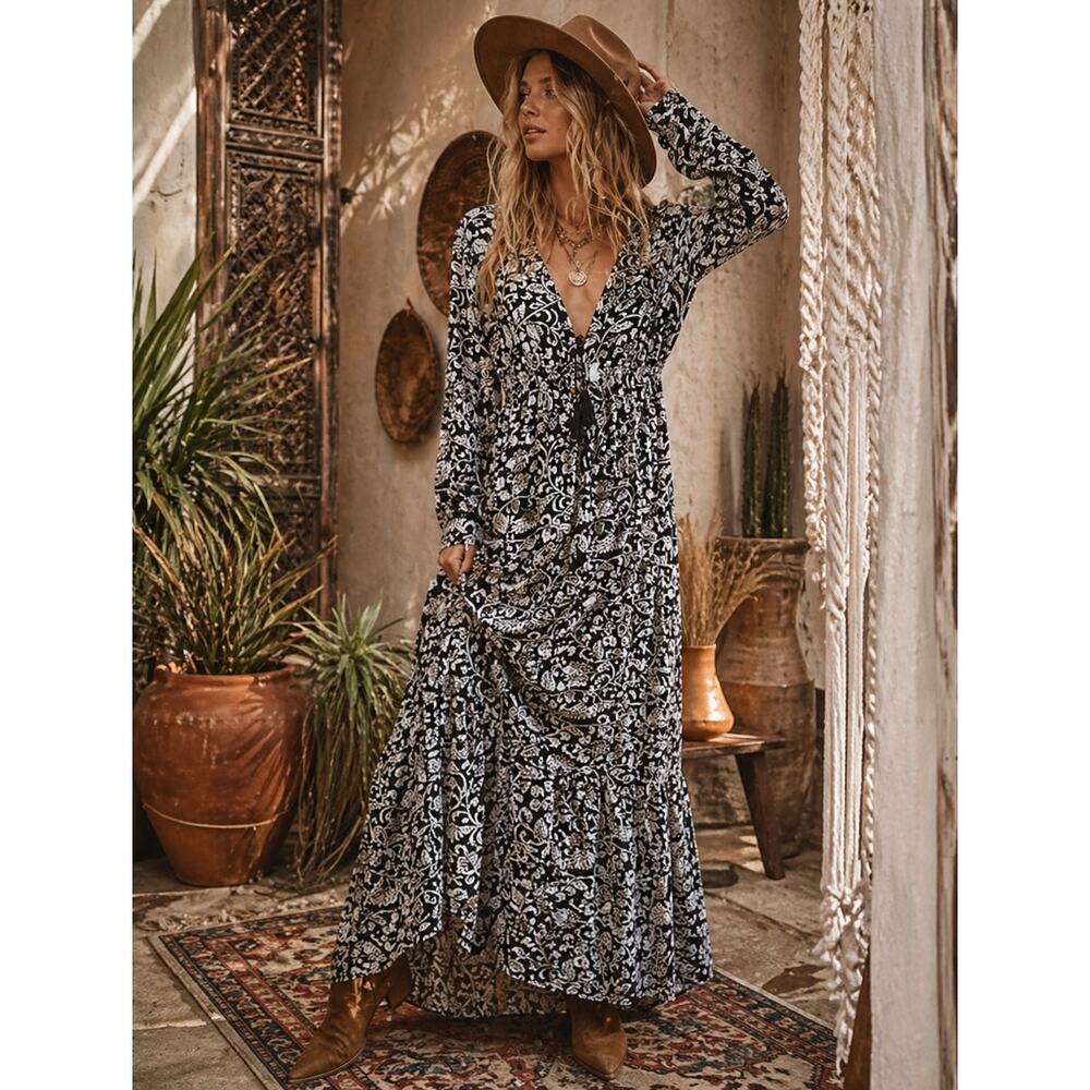 Karma Highway Maxi Dress LongSleeve Blue Floral Boho Lightweight OS